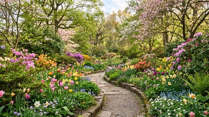 Fototapeta premium Blooming botanical garden with colorful flowers. Spring landscape with a stone pathway.
