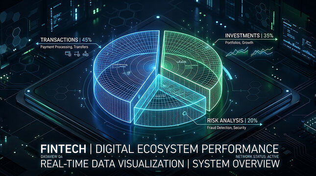 Digital fintech ecosystem performance real-time data visualization system overview with analytics visualization performance technology business statistics information computing development