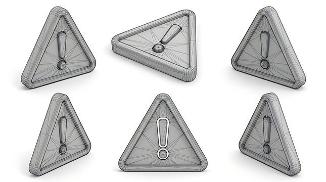 Polished metallic warning triangle signs with metallic polished triangle exclamation attention collection perspective industrial