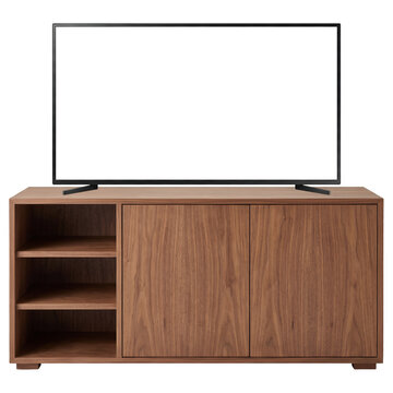 Smart TV on modern wooden cabinet stand isolated on transparent background.