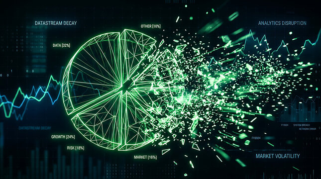 Data visualization concept showing exploding pie chart with explosion business statistics analysis technology abstract particle information projection investment volatility corporate