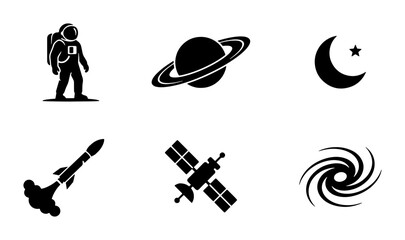 Space Icons Vector Set: Astronaut, Saturn, Crescent Moon, Rocket, Satellite, Galaxy. Cosmic Elements for Science, Astronomy, and Exploration Graphics. © PERFECT QUALITY