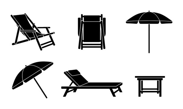 Beach Furniture Icons: Deck Chairs, Sun Loungers, Umbrellas, Table Set, Vector Graphics