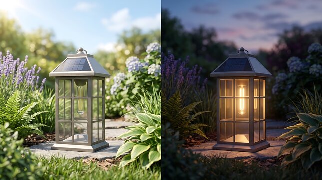 Solar garden lantern day and evening diptych concept