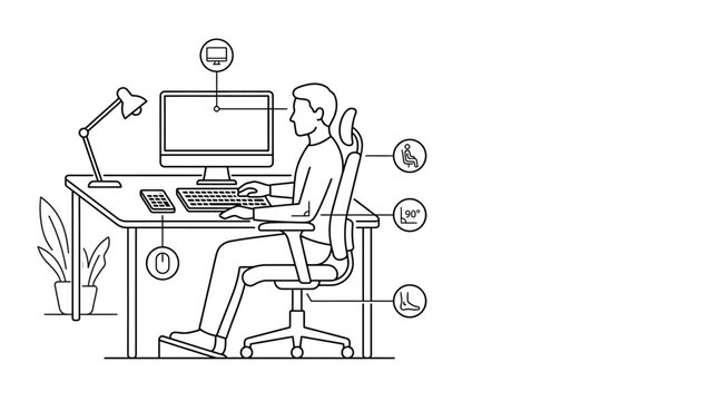 Ergonomic Office Workspace Setup Line Art Illustration