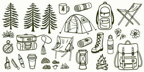 camping gear and nature elements line art tent backpack tree lantern chair cup © PolyRani