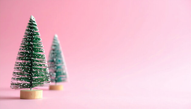Minimalist Christmas background featuring small artificial pine trees with fake snow on a pastel pink background with copy space.