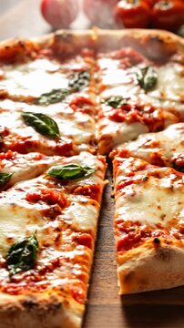 Steaming Margherita pizza on wooden board with separated slices, melted cheese strands, glossy sauce, crisp crust, fresh basil leaves, rustic homemade serving presentation