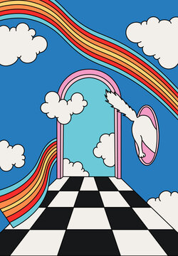 Vector Illustration of Vintage Surreal Boho Hippie Poster with Abstract Arch Doorway, Sky, Cat, Clouds and Rainbows on Black and White Floor