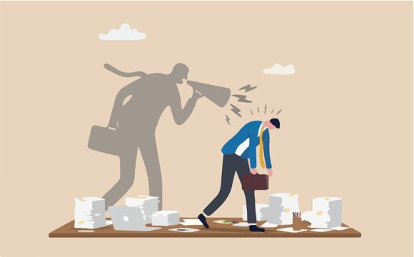 Self criticism, negative critic thinking to blame yourself, guilt depression to rant or inner anxiety, anger stress psychology concept, depressed businessman self shadow desk blame with megaphone