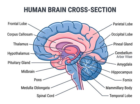 Human brain cross section anatomy diagram with labeled lobes and structures