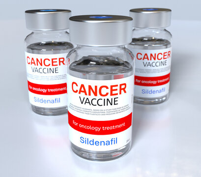 Conceptual cancer vaccine bottles featuring Sildenafil medication for pharmaceutical research and therapy