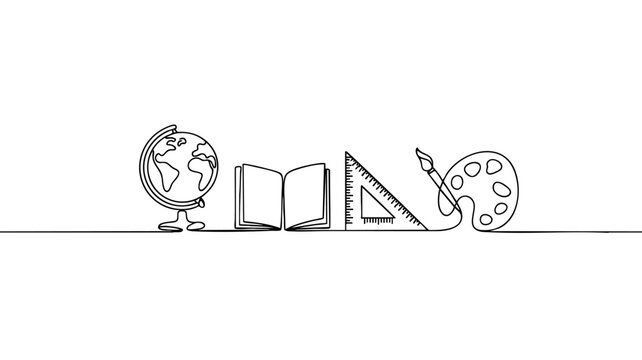 Minimalist continuous line art connecting school subjects with globe book ruler and palette &mdash; elegant monoline horizontal graphic resource for back to school web banner