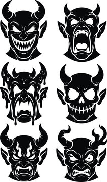 Set of six black and white devil and demon head icons