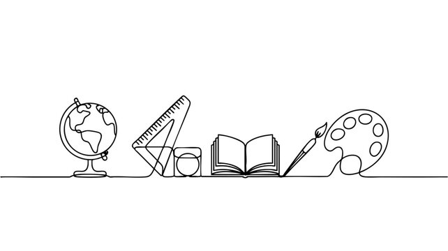 Continuous line art illustration of interdisciplinary learning with globe book ruler palette &mdash; sophisticated monoline graphic resource for back to school banner design