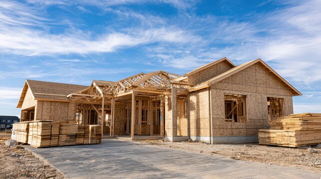 Modern Eco Frame House Under Construction with Wooden Structure and Sustainable Building Materials