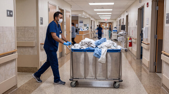 Hospital Worker in Blue Uniform, Mask and Gloves Pushing Laundry Cart Filled with Linens Down Hallway of Medical Facility, Healthcare Support Staff and Facility Maintenance Concept