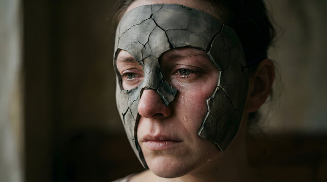 cracked mask revealing pain underneath representing hidden trauma