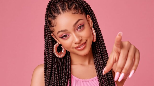 Dark skinned woman smiling with cornrow braids framing her face her hands with pink nails against a bright pink backdrop