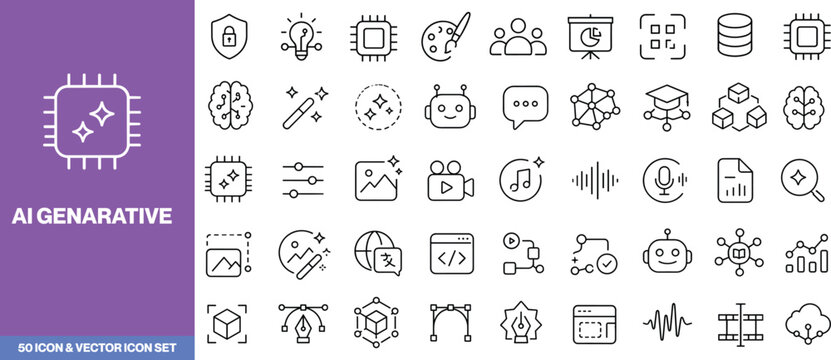 Generative AI line icons in editable stroke style. Artificial intelligence, AI tools, machine learning, prompt, text generation, image generation, AI agent collection. Editable stroke. Vector