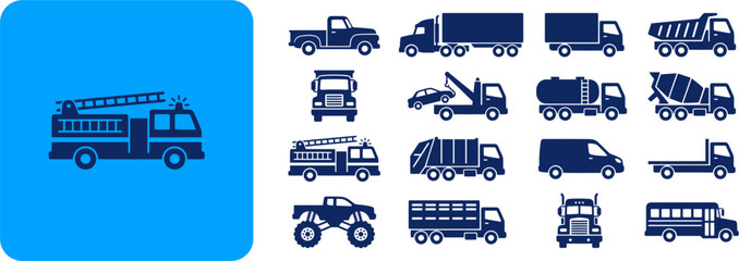 Commercial transport vehicle flat icon set including heavy trucks, emergency services, and logistics silhouettes © medi