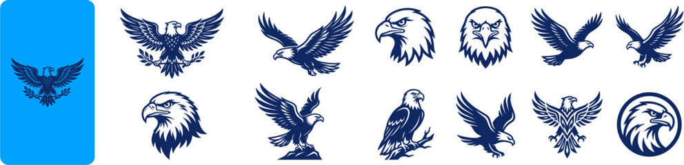 Naklejka premium Collection of blue eagle vector silhouettes and logo designs featuring birds of prey in various poses