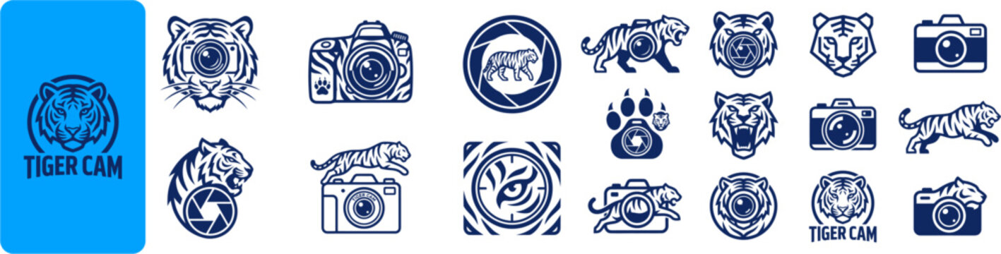 Collection of blue vector icons and logos combining tigers and photographic cameras for wildlife photography