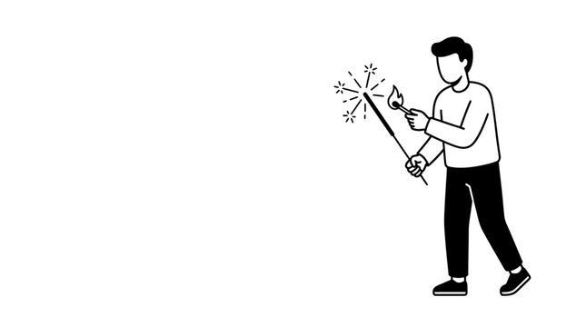 Minimalist line art illustration of a person lighting a sparkler