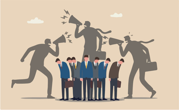 Self criticism, negative critic thinking blame yourself, guilt depression to rant or inner anxiety, anger or stress psychology concept, depressed businessman self shadow blame with megaphone