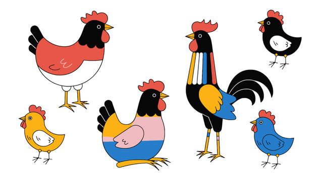 Collection of colorful farm chickens and roosters with livestock agriculture countryside domestic cockerel illustration colorful creature breeding domesticated birdlife farmstead