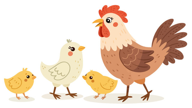 Cartoon mother hen with baby chicks illustration livestock agriculture domestic offspring countryside domesticated creature farmyard colorful