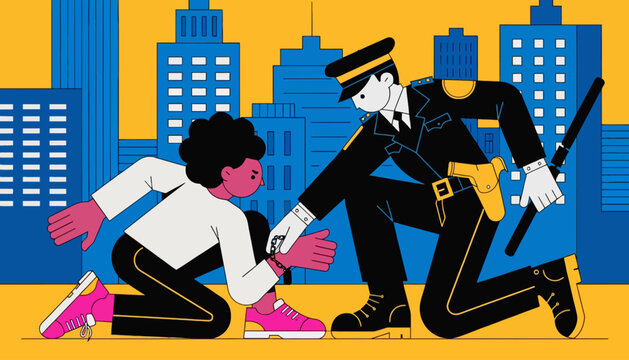 Police officer engaging with a person on city street enforcement security authority policing detention protection official intervention building government regulation incident community