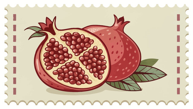 Fresh pomegranate fruit illustration styled as vintage postage stamp with pomegranate delicious nutrition vegetarian superfood agriculture botanical ingredient colorful illustration