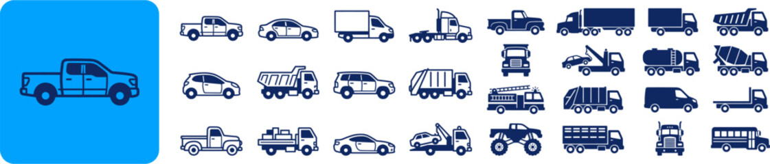 Transport vehicle vector icon set featuring pickup trucks sedans delivery vans and heavy duty trucks © medi