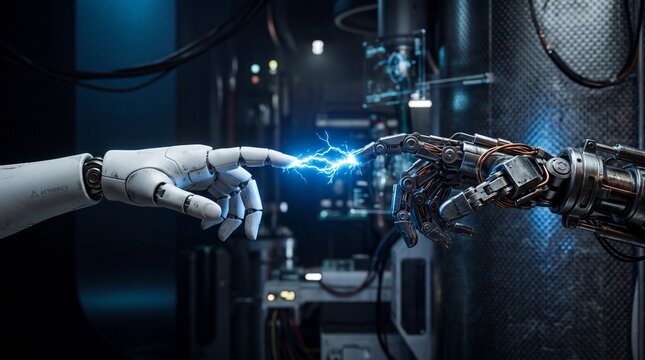 Robotic hands touch sparking blue electricity between metal fingers in dark lab