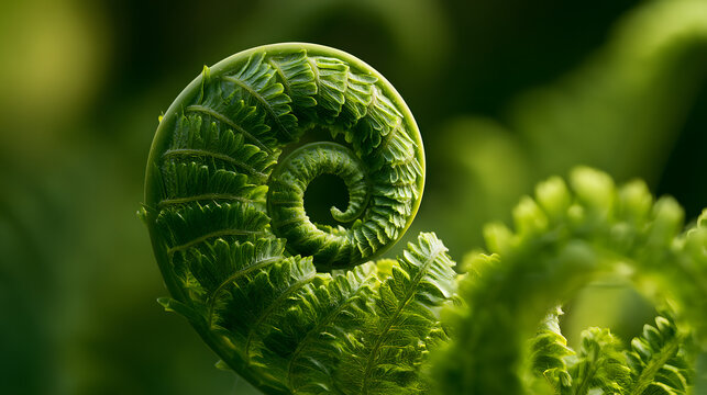 A macro shot of a fern's unfurling spiral, with its layered green leaflets in vivid colors, has a soft, blurred backdrop that evokes a tranquil, captivating sense of growth