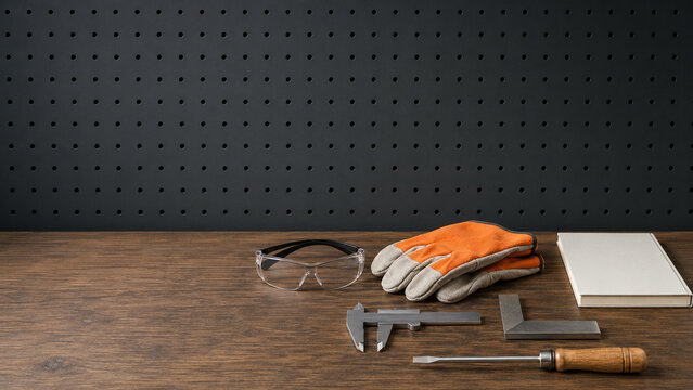 Vocational training workbench with safety gear and tools