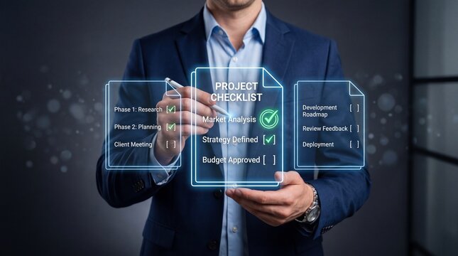 Businessman creating a project checklist on a virtual interface