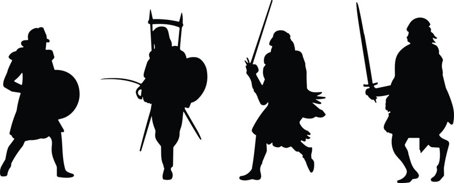 Set of four black silhouettes of ancient warriors in standing and fighting poses with swords and shields isolated on a plain white background