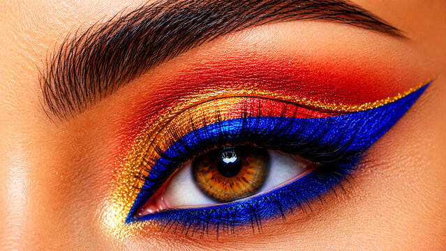 Artistic Eye Makeup: A close-up of a beautiful woman's eye showcases vibrant and artistic makeup, featuring bold blue eyeliner, fiery red eyeshadow, and shimmering gold accents.