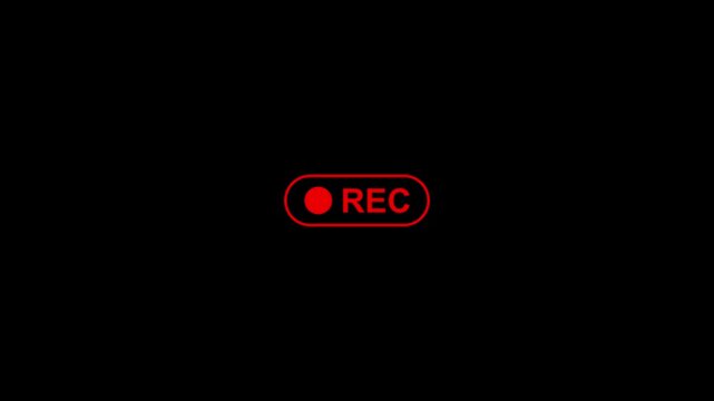 Medium size animated rec button with flashing red indicator on black background,Abstract camera recording rec text icon with dark red dot 4k 