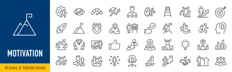 Obraz na płótnie Canvas Motivation line icons in editable stroke style. Success, goal, productivity, leadership, growth, mindset, achievement, self improvement collection. Editable stroke. Vector