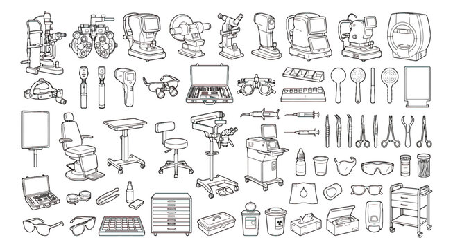 Ophthalmology medical equipment icons set, optometry clinic diagnostic tools and eye exam instruments, professional vision care vector illustrations