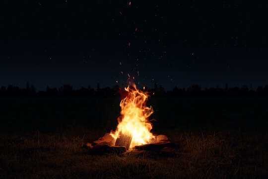 3D Rendering of a bright campfire in a open field under starry sky