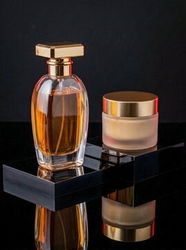 Elegant perfume bottle and cosmetic cream jar with golden caps displayed on a black reflective surface