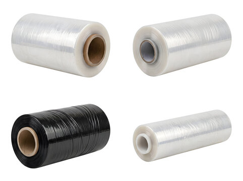 Set of four industrial stretch wrap rolls for packaging and palletizing in various colors isolated on transparent background for logistics and warehousing supply chain.