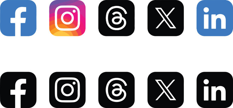 Modern Social Media Icons Collection Featuring Facebook Instagram Threads X and LinkedIn in Color and Monochrome Square Designs