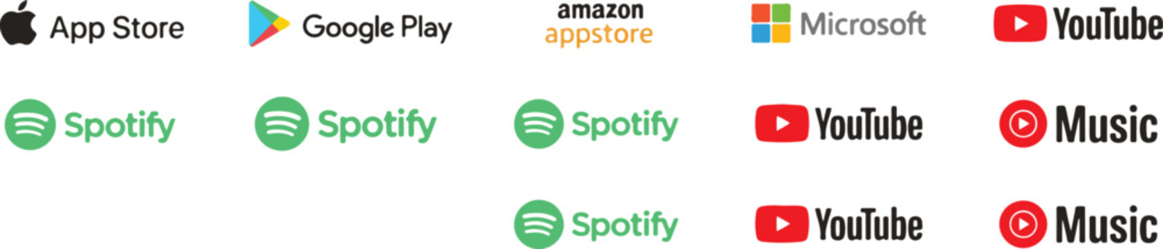 Premium App Store and Streaming Platform Logo Collection Featuring Apple App Store, Google Play, Amazon Appstore, Microsoft, Spotify, YouTube, and YouTube Music Icons