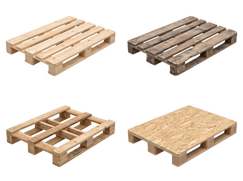 A collection of four diverse wooden pallets, including new light wood, aged dark wood, and oriented strand board types, isolated on a clear background.