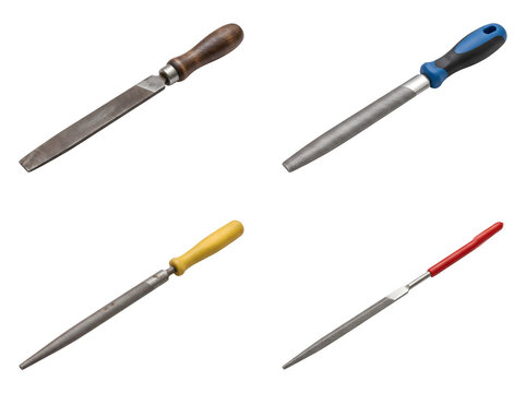 Assortment of four metal files with different handle colors and shapes for shaping and smoothing materials on transparent background.